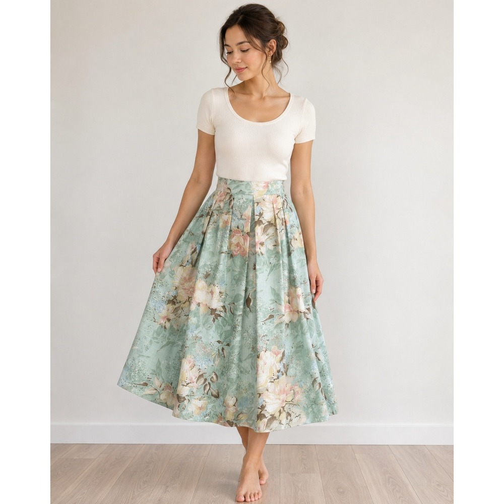 Vintage Worthington Floral Midi Skirt Size 12 Aqua Pleated Cottagecore